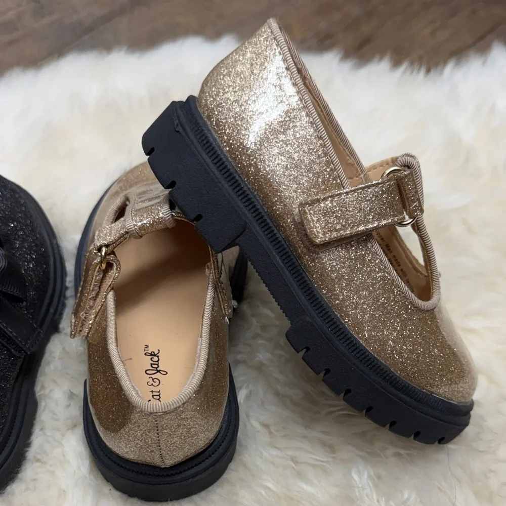 BUNDLE Cat & Jack Girls Glitter Mary Janes - Black & Gold size 6